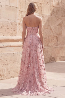 Blush Sequin A Line Long Strapless Formal Dress with Slit