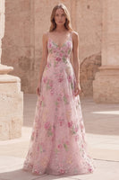 Load image into Gallery viewer, Sparkly Pink Sequin Floral A Line Spaghetti Straps Long Formal Dress