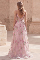 Load image into Gallery viewer, Sparkly Pink Sequin Floral A Line Spaghetti Straps Long Formal Dress