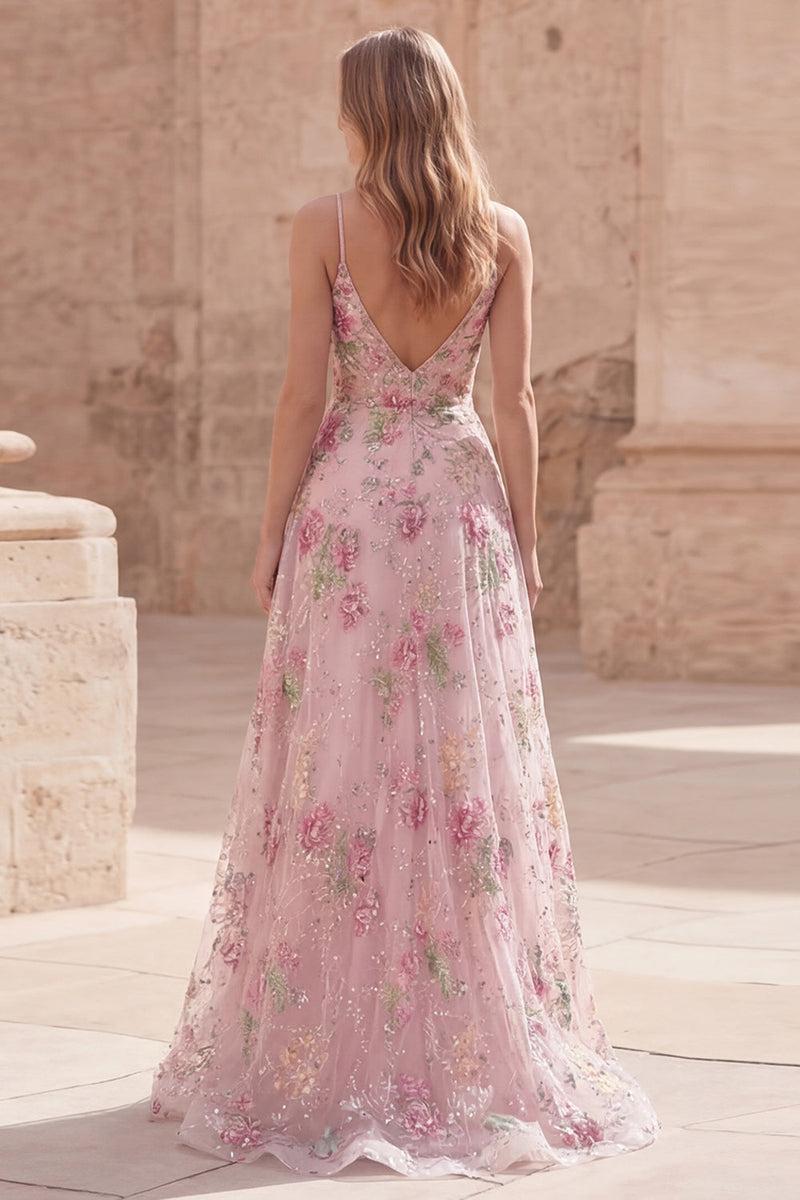 Load image into Gallery viewer, Sparkly Pink Sequin Floral A Line Spaghetti Straps Long Formal Dress