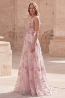 Load image into Gallery viewer, Sparkly Pink Sequin Floral A Line Spaghetti Straps Long Formal Dress
