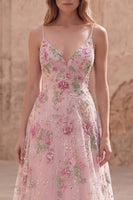 Load image into Gallery viewer, Sparkly Pink Sequin Floral A Line Spaghetti Straps Long Formal Dress