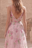 Load image into Gallery viewer, Sparkly Pink Sequin Floral A Line Spaghetti Straps Long Formal Dress