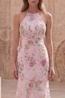 Load image into Gallery viewer, Sparkly Pink Sequin Mermaid Long Floral Prom Dress