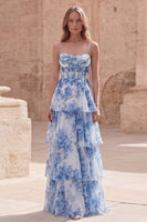 Load image into Gallery viewer, White Blue Flower A Line Long Corset Formal Dress with Ruffles