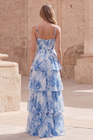 Load image into Gallery viewer, White Blue Flower A Line Long Corset Formal Dress with Ruffles