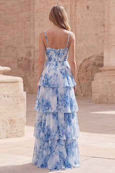 White Blue Flower A Line Long Corset Formal Dress with Ruffles