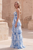 Load image into Gallery viewer, White Blue Flower A Line Long Corset Formal Dress with Ruffles
