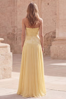 Load image into Gallery viewer, Yellow Appliqued Strapless A Line Long Formal Dress with Pleats