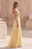 Load image into Gallery viewer, Yellow Appliqued Strapless A Line Long Formal Dress with Pleats