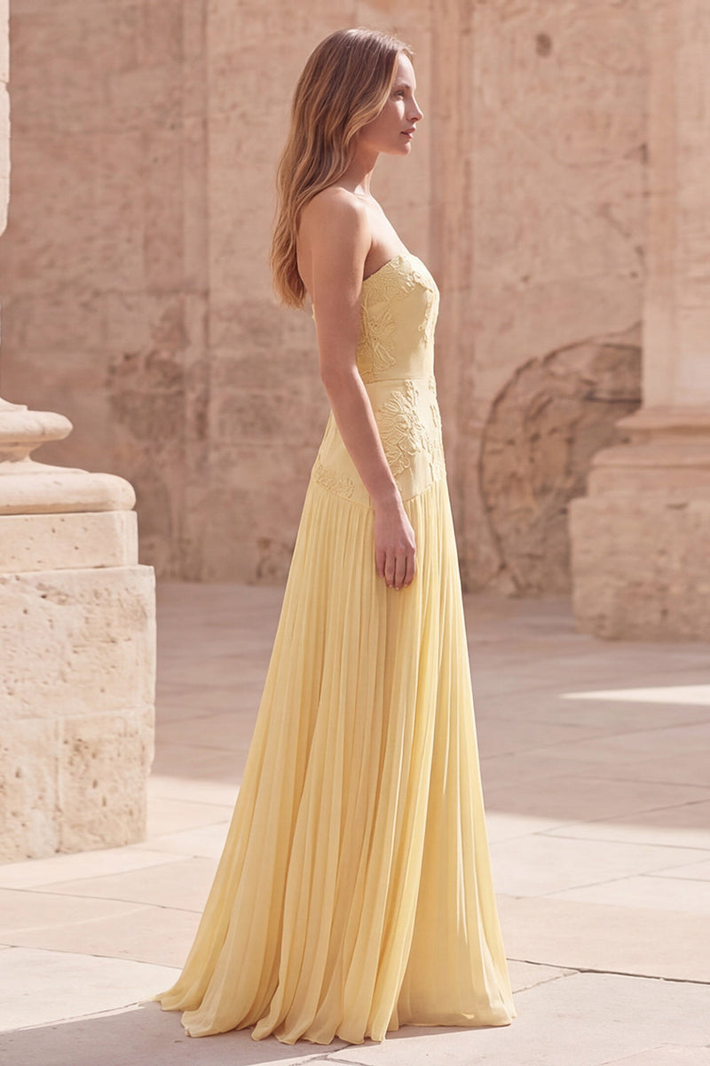 Load image into Gallery viewer, Yellow Appliqued Strapless A Line Long Formal Dress with Pleats
