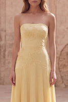 Load image into Gallery viewer, Yellow Appliqued Strapless A Line Long Formal Dress with Pleats