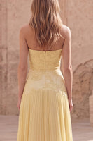 Load image into Gallery viewer, Yellow Appliqued Strapless A Line Long Formal Dress with Pleats