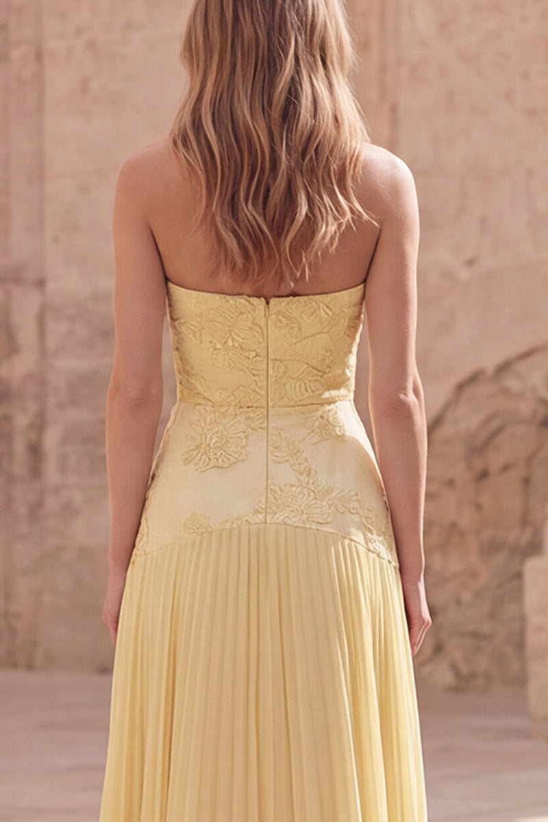 Load image into Gallery viewer, Yellow Appliqued Strapless A Line Long Formal Dress with Pleats