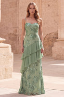 Load image into Gallery viewer, Sage Green A Line Appliqued Long Formal Dress with Ruffles