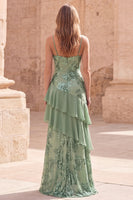 Load image into Gallery viewer, Sage Green A Line Appliqued Long Formal Dress with Ruffles