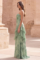Load image into Gallery viewer, Sage Green A Line Appliqued Long Formal Dress with Ruffles