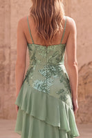 Load image into Gallery viewer, Sage Green A Line Appliqued Long Formal Dress with Ruffles