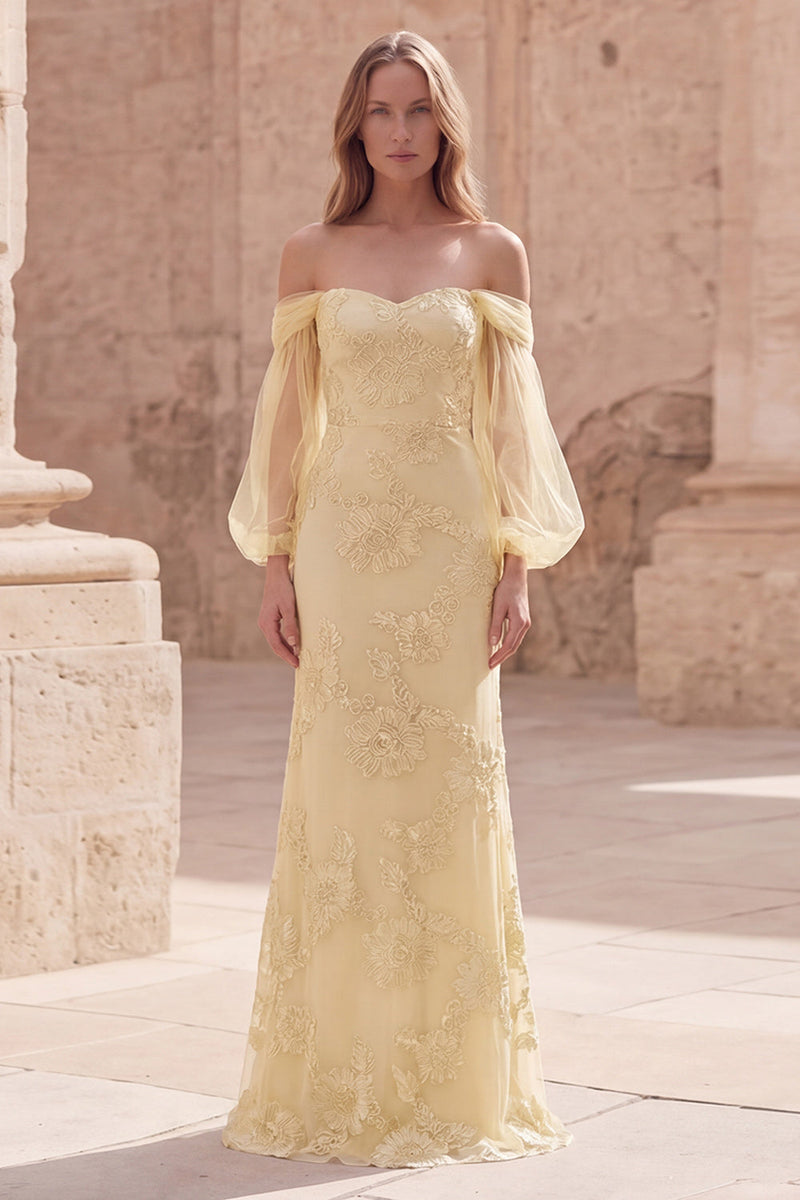 Load image into Gallery viewer, Yellow Appliqued Off the Shoulder Long Mermaid Formal Dress