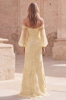 Load image into Gallery viewer, Yellow Appliqued Off the Shoulder Long Mermaid Formal Dress
