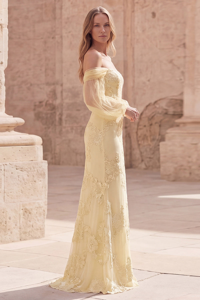 Load image into Gallery viewer, Yellow Appliqued Off the Shoulder Long Mermaid Formal Dress