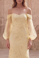 Load image into Gallery viewer, Yellow Appliqued Off the Shoulder Long Mermaid Formal Dress