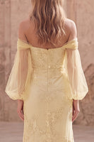 Load image into Gallery viewer, Yellow Appliqued Off the Shoulder Long Mermaid Formal Dress
