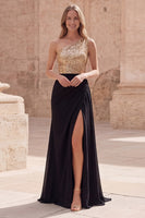 Load image into Gallery viewer, Sparkly Gold and Black Sequin A Line Long Formal Dress with Slit