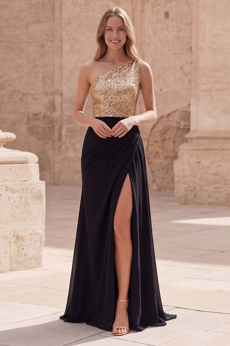 Load image into Gallery viewer, Sparkly Gold and Black Sequin A Line Long Formal Dress with Slit