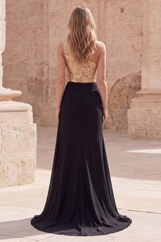 Sparkly Gold and Black Sequin A Line Long Formal Dress with Slit