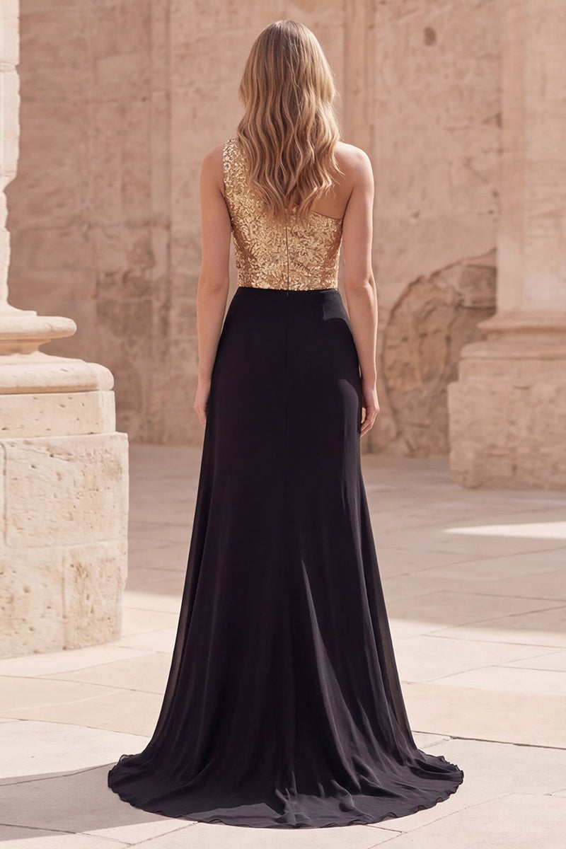 Load image into Gallery viewer, Sparkly Gold and Black Sequin A Line Long Formal Dress with Slit