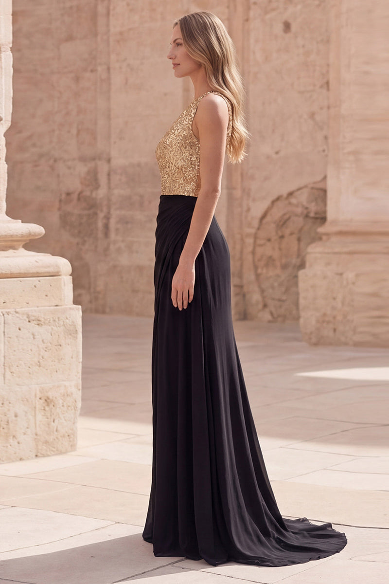 Load image into Gallery viewer, Sparkly Gold and Black Sequin A Line Long Formal Dress with Slit