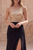 Load image into Gallery viewer, Sparkly Gold and Black Sequin A Line Long Formal Dress with Slit