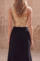 Load image into Gallery viewer, Sparkly Gold and Black Sequin A Line Long Formal Dress with Slit
