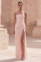 Load image into Gallery viewer, Light Pink Ruched Sheath Long Formal Dress with Slit