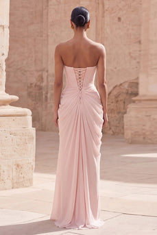 Light Pink Ruched Sheath Long Formal Dress with Slit