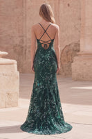 Load image into Gallery viewer, Sparkly Dark Green Mermaid Long Sequin Formal Dress with Slit