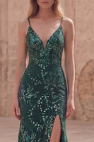 Load image into Gallery viewer, Sparkly Dark Green Mermaid Long Sequin Formal Dress with Slit
