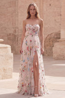 Load image into Gallery viewer, Ivory Flower Ruched A Line Strapless Long Formal Dress with Slit