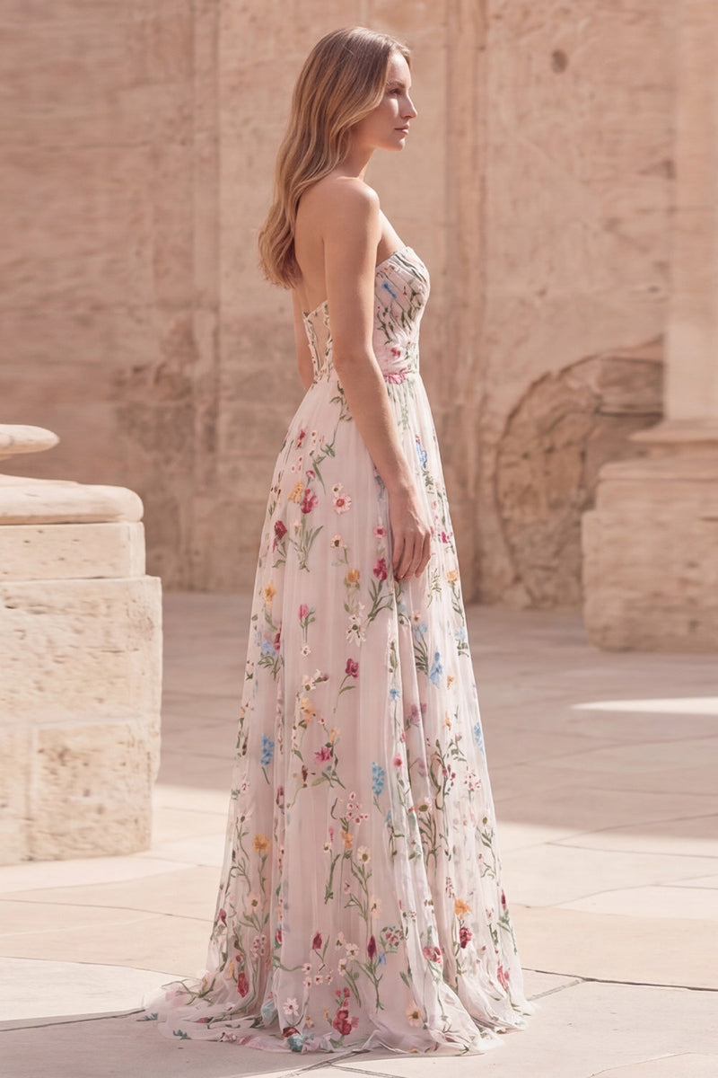 Load image into Gallery viewer, Ivory Flower Ruched A Line Strapless Long Formal Dress with Slit