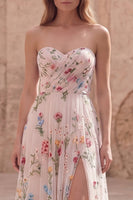 Load image into Gallery viewer, Ivory Flower Ruched A Line Strapless Long Formal Dress with Slit