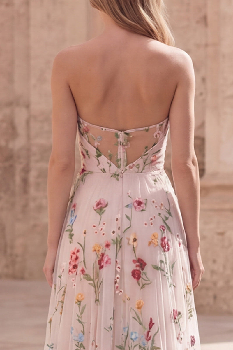 Load image into Gallery viewer, Ivory Flower Ruched A Line Strapless Long Formal Dress with Slit