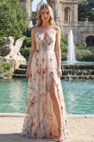 Load image into Gallery viewer, Ivory Flower Spaghetti Straps A Line Ruched Long Formal Dress with Slit