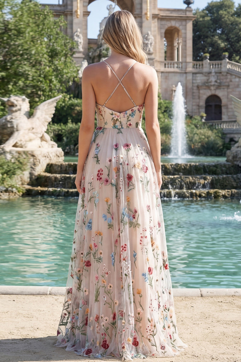 Load image into Gallery viewer, Ivory Flower Spaghetti Straps A Line Ruched Long Formal Dress with Slit