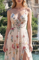 Load image into Gallery viewer, Ivory Flower Spaghetti Straps A Line Ruched Long Formal Dress with Slit