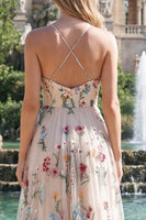 Load image into Gallery viewer, Ivory Flower Spaghetti Straps A Line Ruched Long Formal Dress with Slit