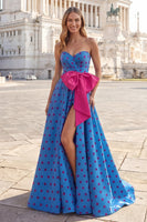 Load image into Gallery viewer, Blue Strapless A Line Long Polka Dots Formal Dress with Bow