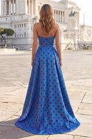 Load image into Gallery viewer, Blue Strapless A Line Long Polka Dots Formal Dress with Bow