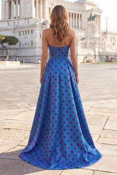Blue Strapless A Line Long Polka Dots Formal Dress with Bow