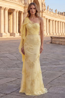 Load image into Gallery viewer, Yellow Appliqued Mermaid Long Formal Dress with Side Cape